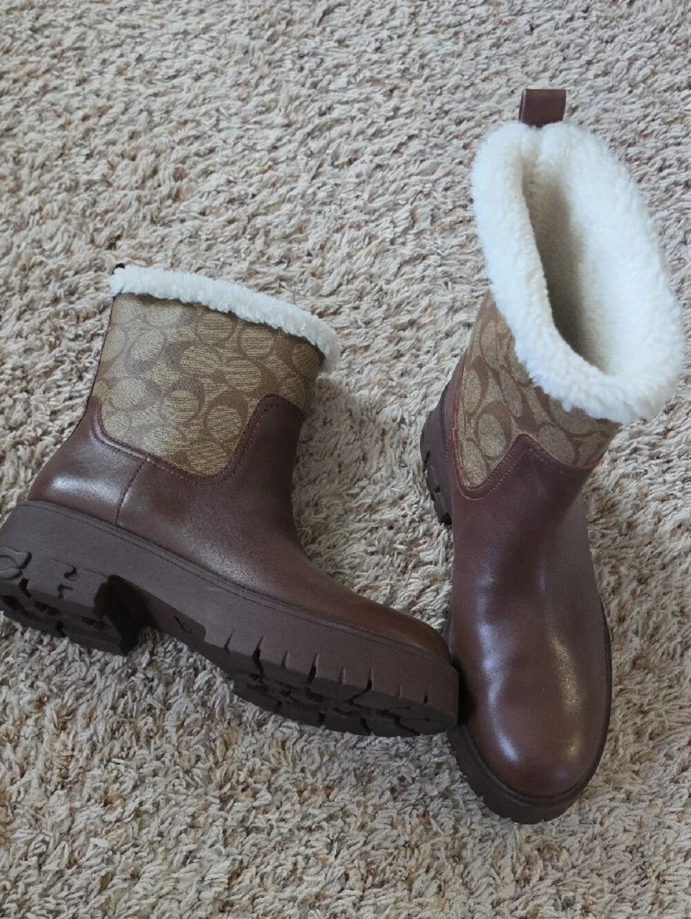 Coach Brown Shearling-Trim Winter Pull-On Boots